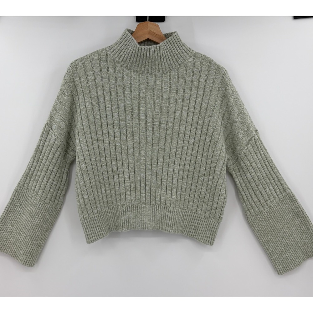 Paper Label Wide Sleeve Ribbed Mock Neck Sweater Cropped Green Womens Small